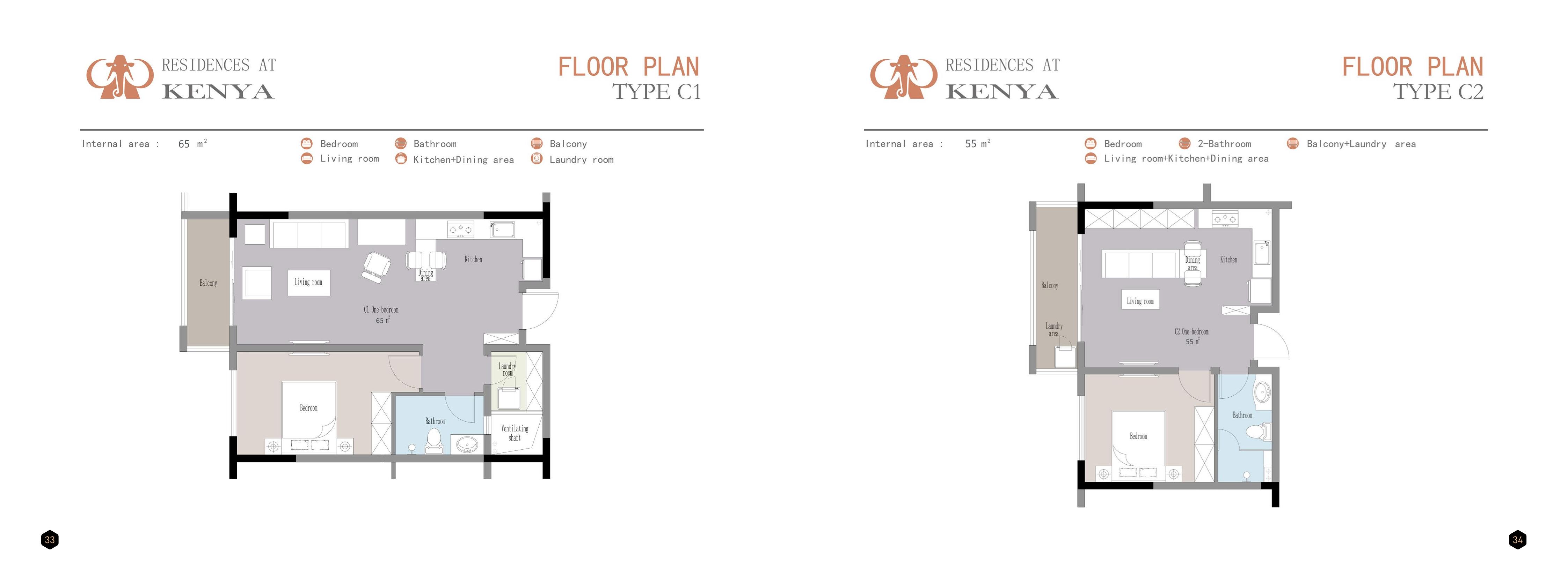 Floor plans for 1 Bedroom Type C1 (65 sqm) and C2 (55 sqm)