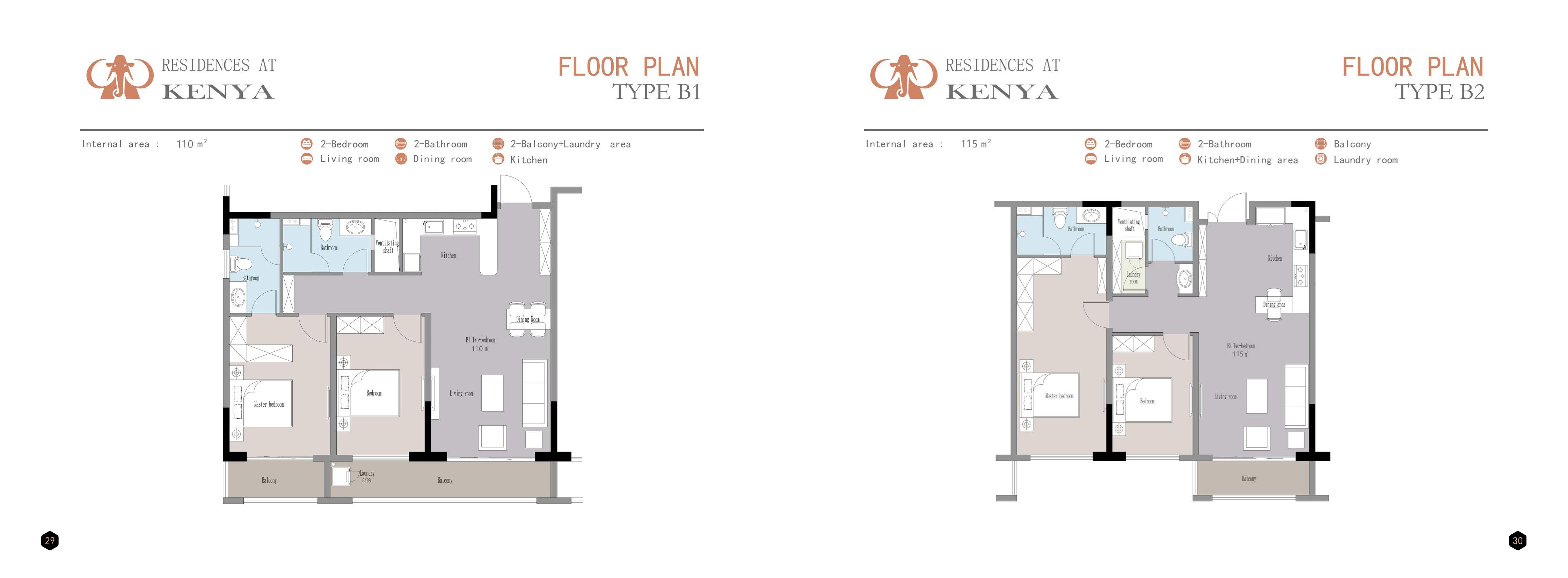Floor plans for 2 Bedroom Type B1 (110 sqm) and B2 (115 sqm)