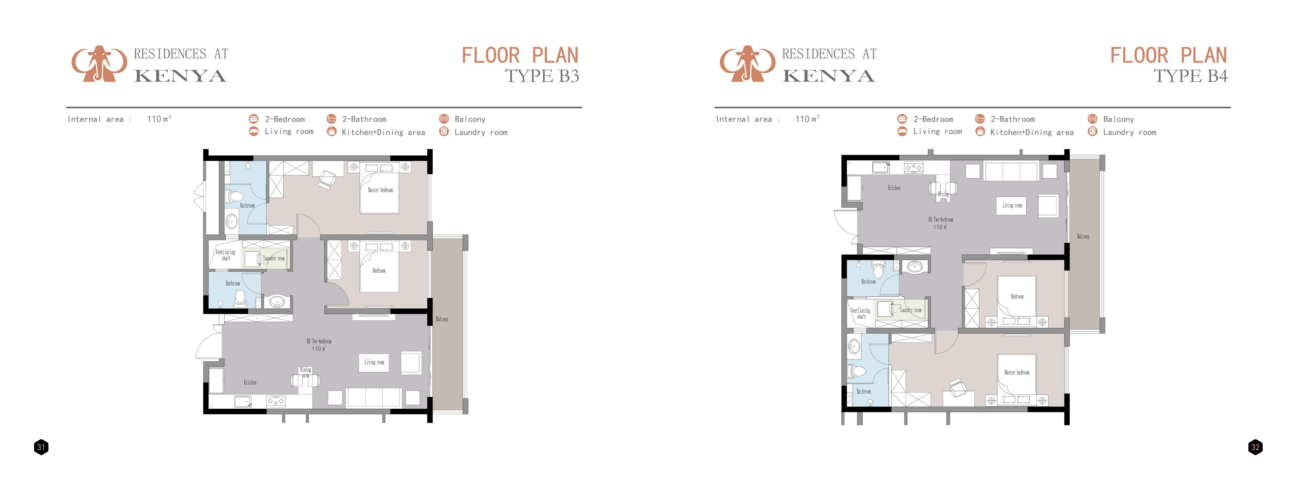 Floor plans for 2 Bedroom Type B3 and B4 (110 sqm each)