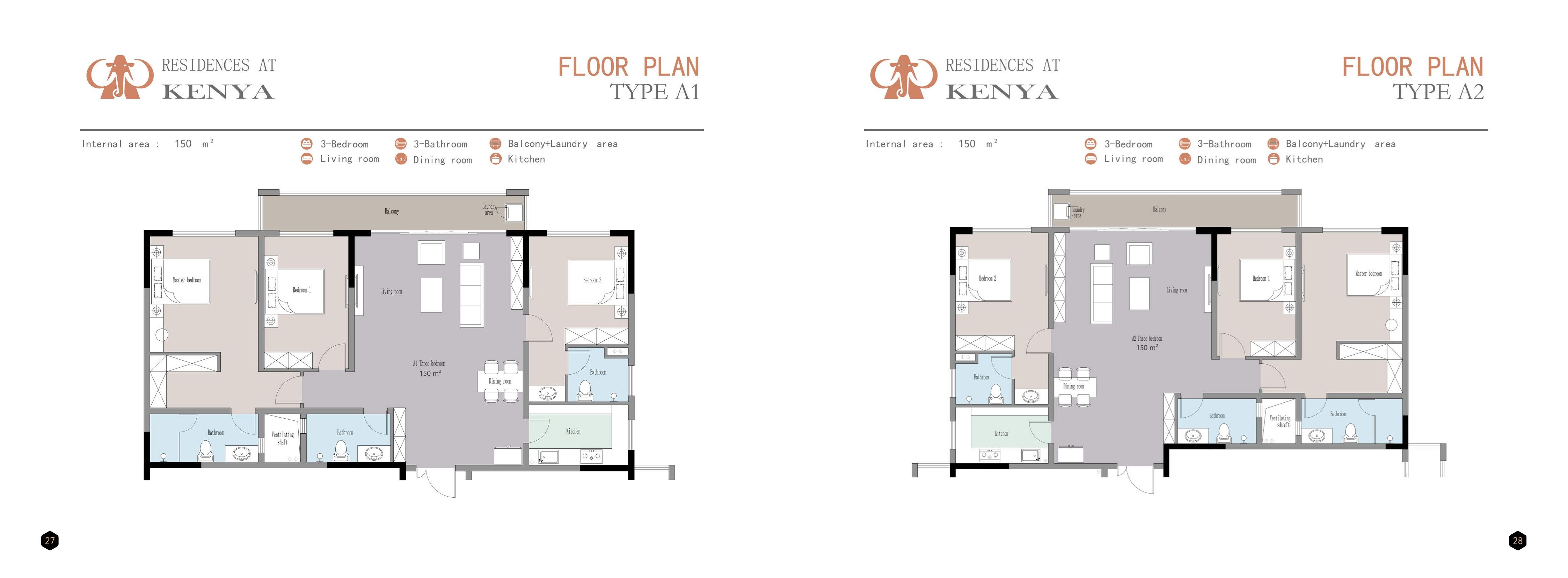 Floor plans for 3 Bedroom Type A1 (150 sqm) and A2 (155 sqm)