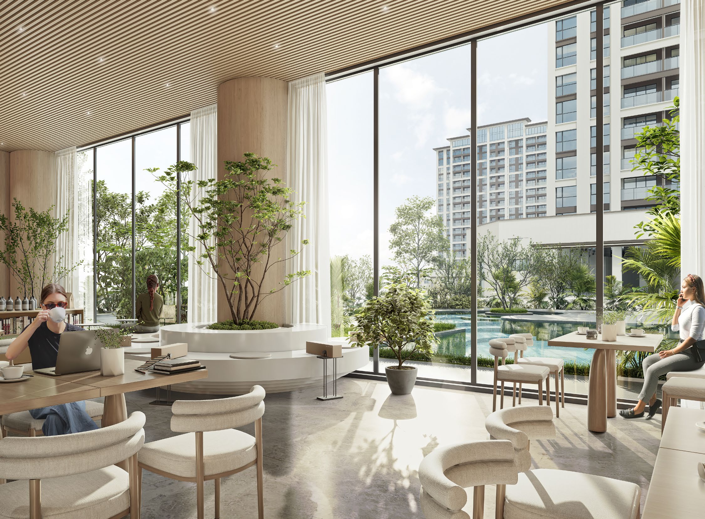 Resort-style lounge area with pool views