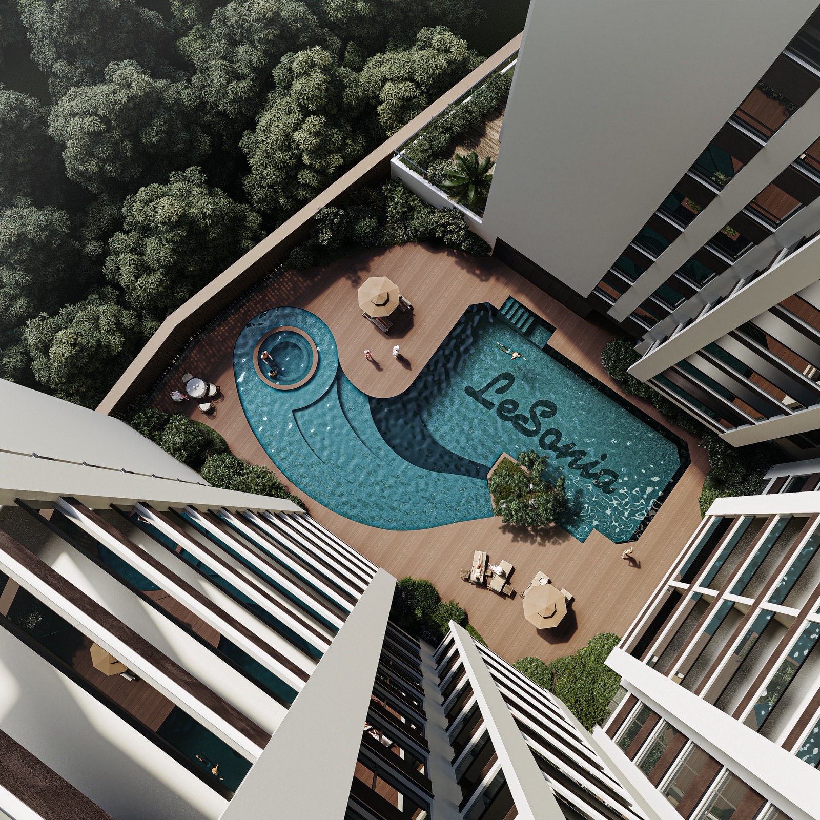 Aerial view of pool and grounds