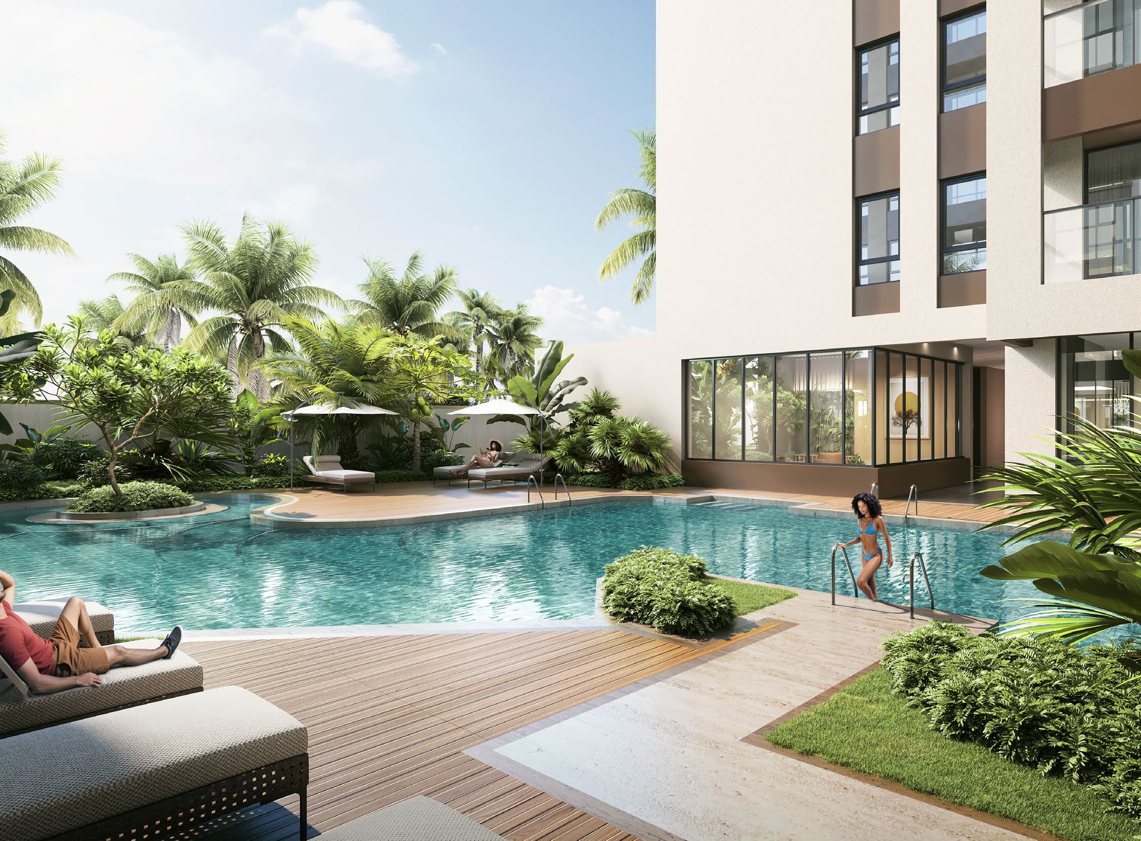 Heated swimming pool with tropical landscaping